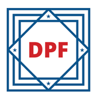 DPF logo with blue geometric outline, stars, and red text for a digital solution branding context.