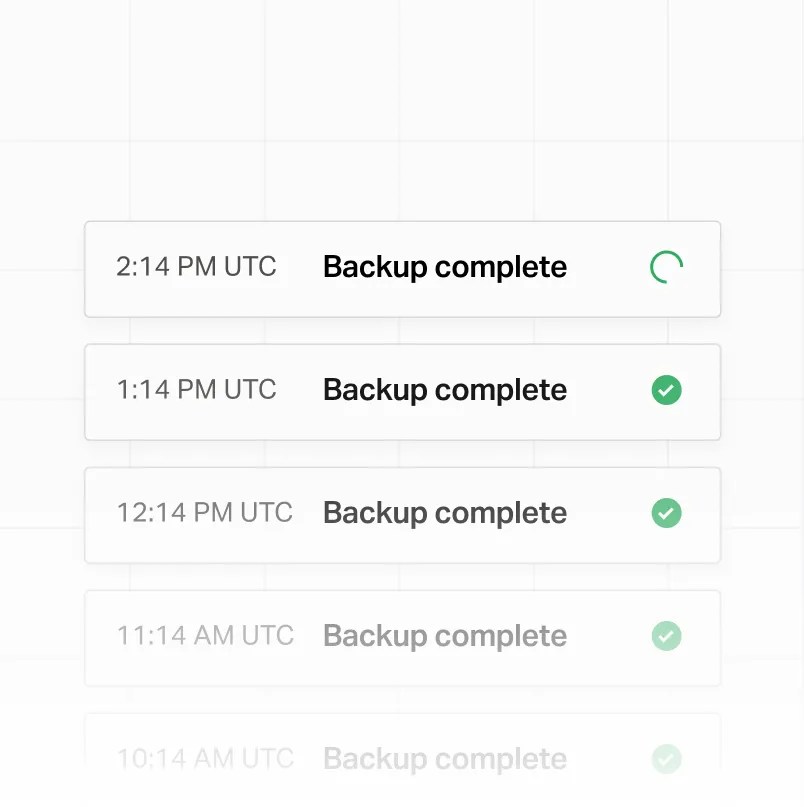 Backup history showing successful automated backups with timestamps and status indicators.