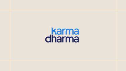 Karma Dharma logo on a cream background, framed by thin gold lines.