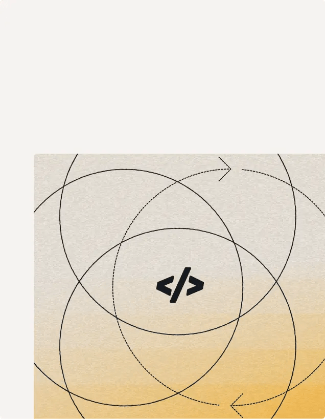 Abstract illustration of overlapping circles with dashed directional arrows surrounding a central code icon on a gold gradient background.
