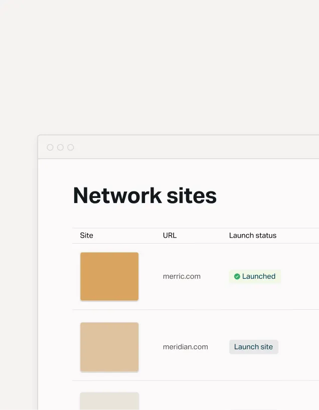 Dashboard listing network sites with URLs and launch status, illustrating multisite management for enterprise WordPress deployments.