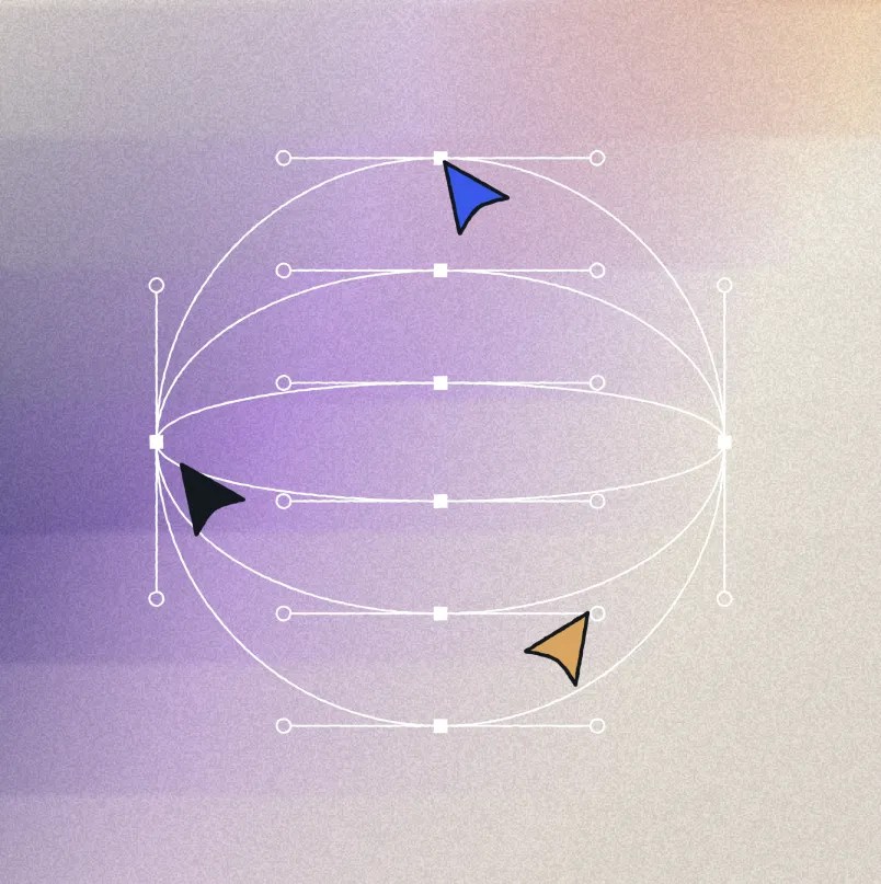 Illustration of a wireframe sphere with editable vector paths and three coloured cursors.