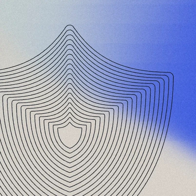 Abstract illustration of layered shield-shaped contour lines on a blue gradient background.