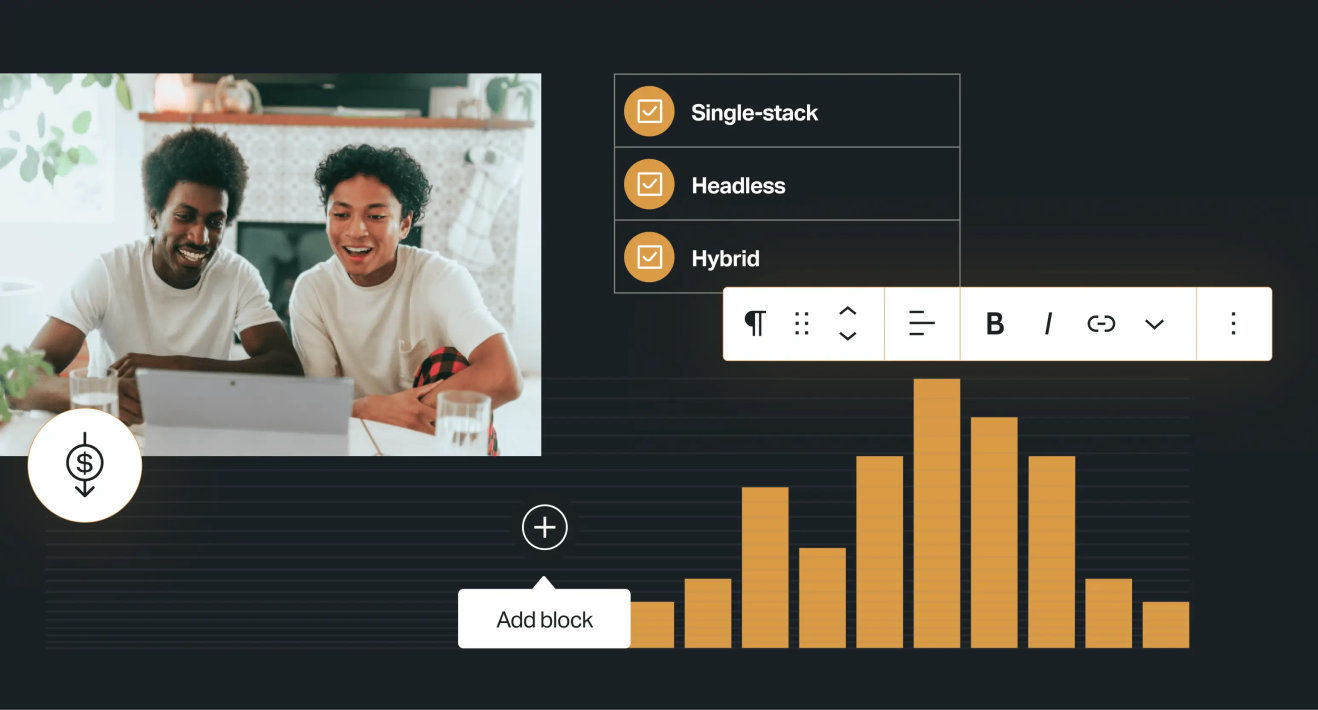 Image of two people working on a laptop along with WordPress Block editor elements on the side