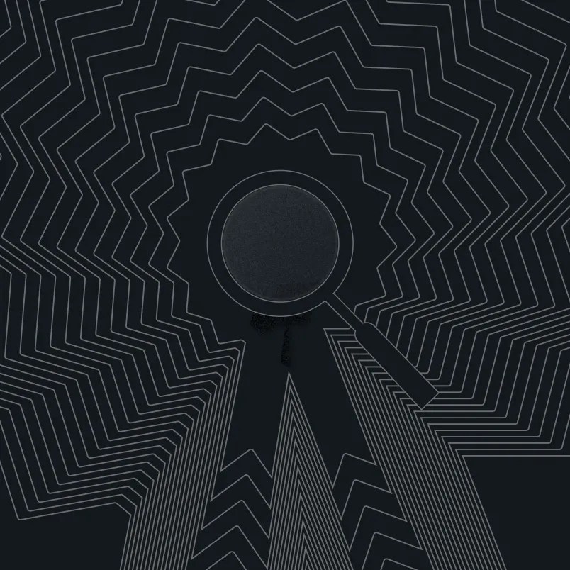 Abstract illustration of a magnifying glass over a ribbon-shaped badge, surrounded by layered geometric line patterns on a dark background.
