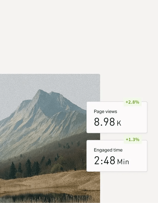 Analytics dashboard overlay showing page views and average engaged time for published content, highlighting audience performance metrics and engagement trends.