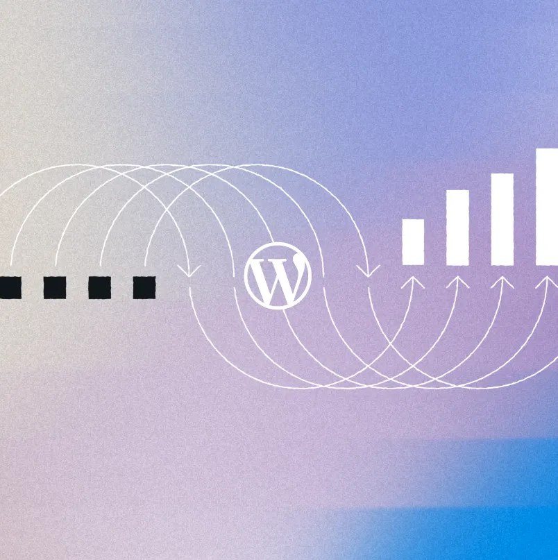 Illustration of the WordPress logo connecting data blocks to a bar chart with curved directional arrows.