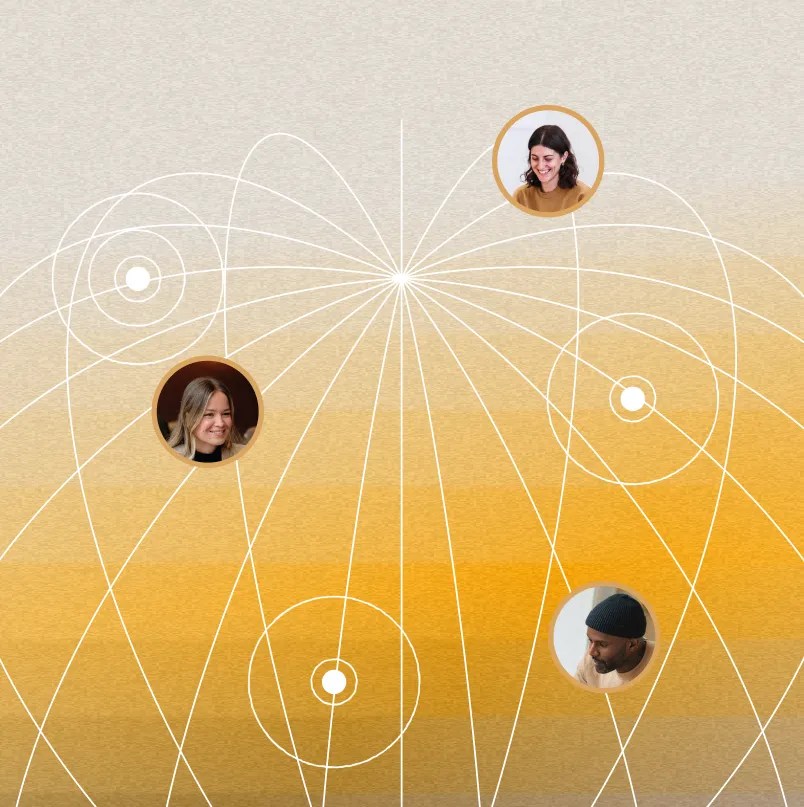 Illustration of connected team members linked through a network of intersecting lines.