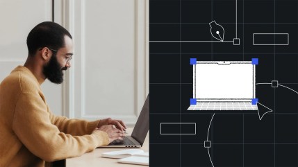 Man typing on a laptop next to a digital laptop illustration with design elements, showcasing an enterprise website redesign on a dark background.