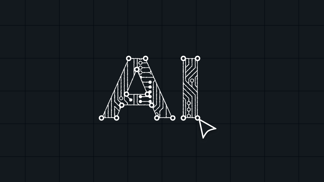 The letters AI, drawn with circuit-like lines on a dark grid background, suggest the theme of AI content disclosure as a cursor points at the I.