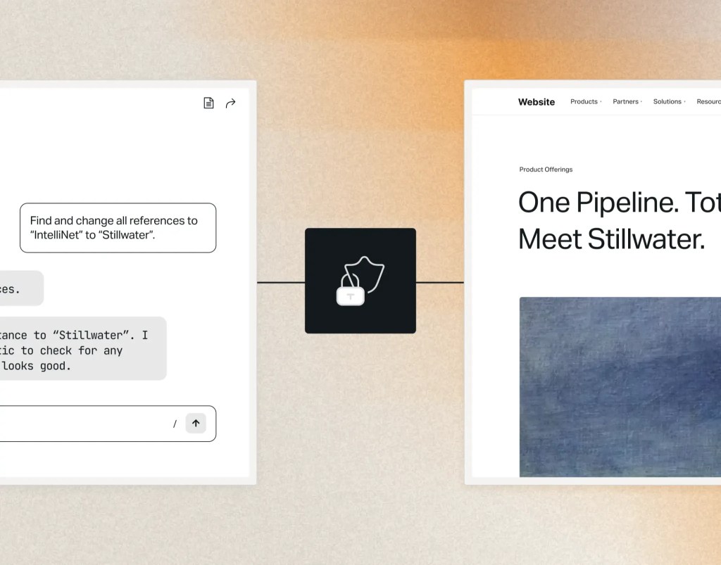 Two website screenshots are linked by an icon, showing text editing and content preview for Stillwater, highlighting how Secure MCP ensures robust AI agent governance throughout the process.