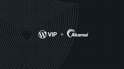 WordPress VIP and Akamai logos side by side on a dark background with abstract curved lines, highlighting their seamless Akamai integration.