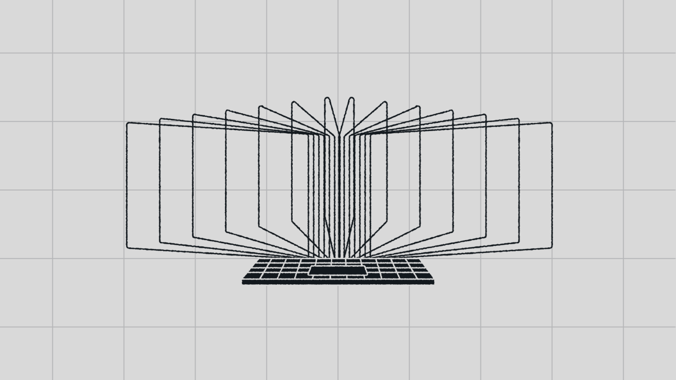 Line drawing of a laptop with book pages fanned out above the keyboard, combining book and computer elements to symbolize AI multisite governance.