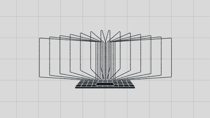 Line drawing of a laptop with book pages fanned out above the keyboard, combining book and computer elements to symbolize AI multisite governance.