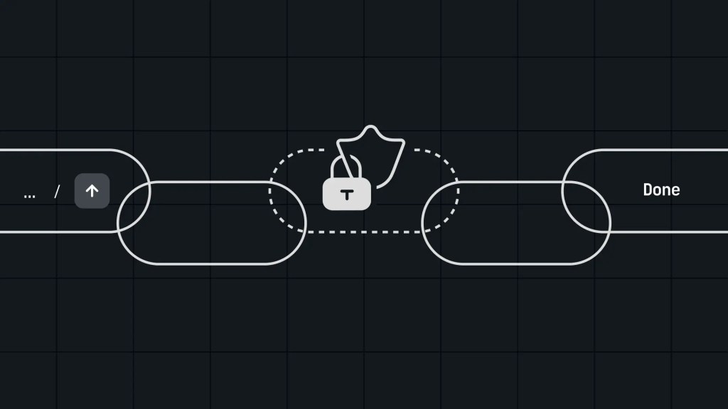 Flowchart with a shield labeled T representing Secure MCP between two linked steps, ending at a box labeled Done.