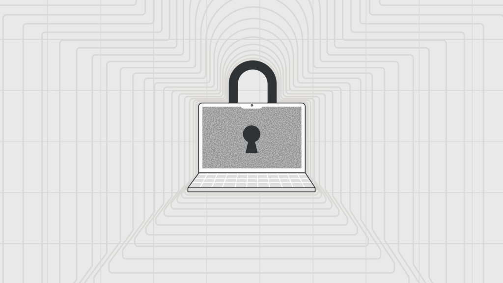 Illustration of a laptop with a keyhole on its screen and a padlock behind it, symbolizing Enterprise WordPress Security and robust cybersecurity measures.