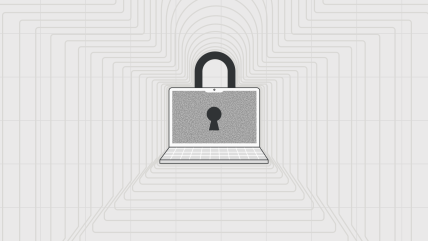 Illustration of a laptop with a keyhole on its screen and a padlock behind it, symbolizing Enterprise WordPress Security and robust cybersecurity measures.