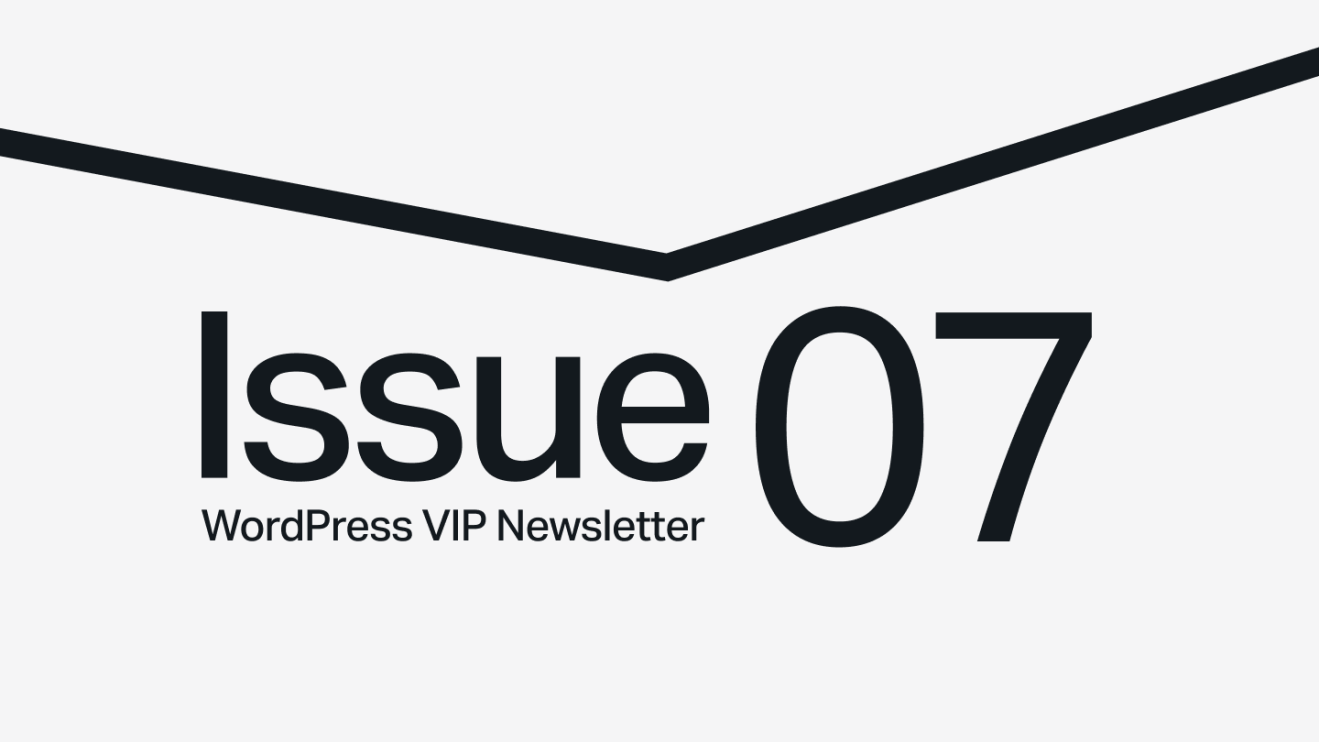 Text reading “Issue 07 WordPress VIP Newsletter” with a bold black chevron above on a light background.