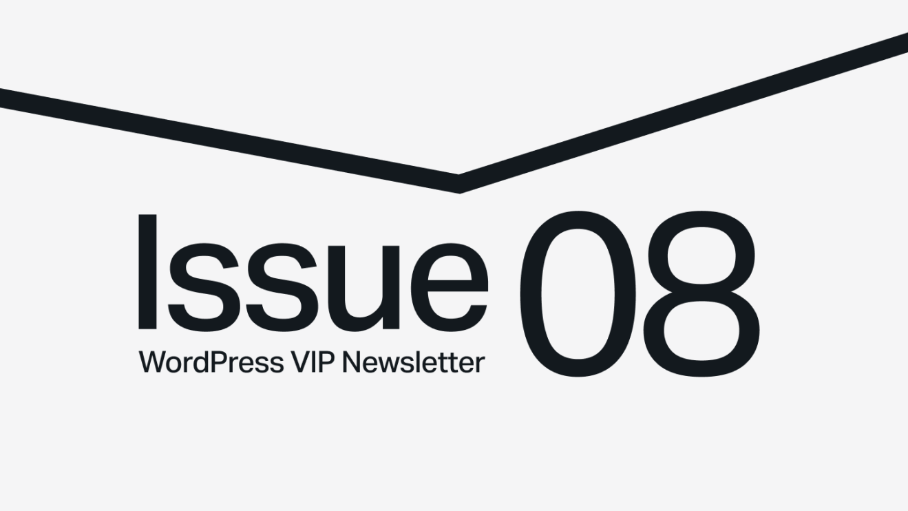 Text reads Issue 08, WordPress VIP Newsletter on a light background with a bold diagonal line above.