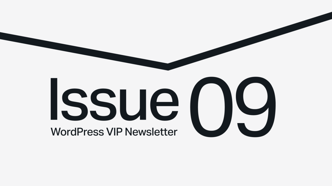 Issue 09 WordPress VIP Newsletter text on a light background with a black chevron above.