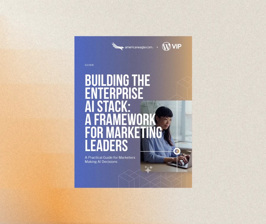 A marketing guide cover titled Building the Enterprise AI Stack with a photo of a woman working at a laptop.
