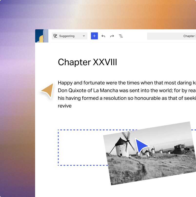 A digital document with DB Intent displays Chapter XXVIII, featuring Don Quixote text and a black-and-white windmill photo.
