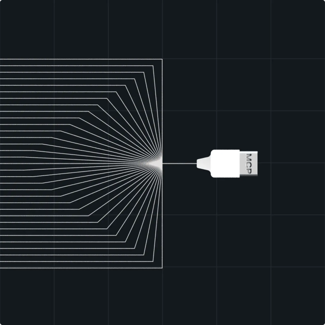 A white USB-C plug with lines fanning out from its tip against a dark grid background, symbolizing secure MCP connectivity and advanced AI agent governance.