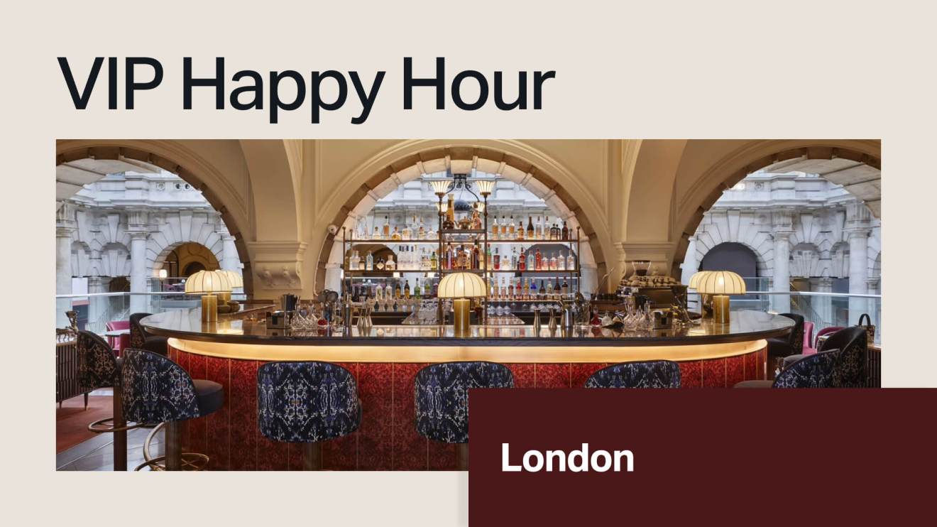Luxurious bar with ornate arches, plush blue chairs, and golden lighting. Text: WordPress VIP Happy Hour, London—join industry leaders in an exclusive setting during Forrester B2B EMEA.