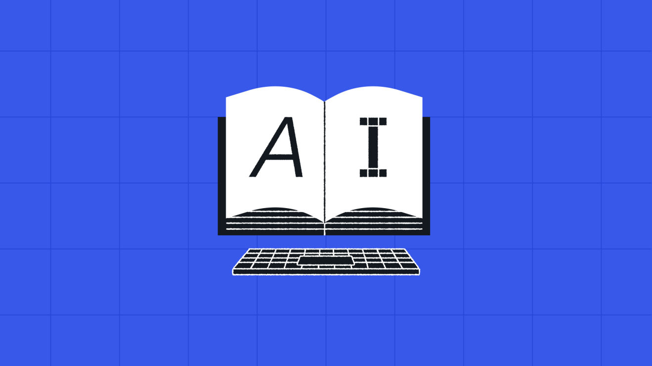 An open book featuring an AI content structure on its pages sits above a keyboard on a blue grid background.