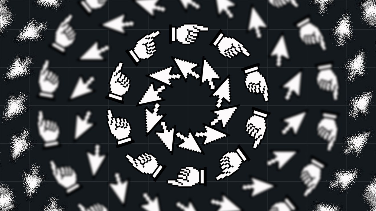 Spiraling pattern of pixelated cursor and hand icons on a dark grid background, evoking the dynamic flow of an AI agent experience.