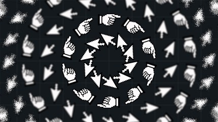 Spiraling pattern of pixelated cursor and hand icons on a dark grid background, evoking the dynamic flow of an AI agent experience.