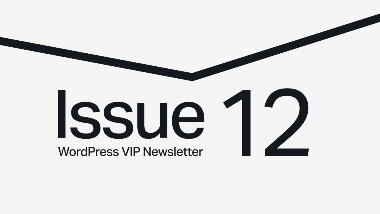 Text saying Issue 12 WordPress VIP Newsletter with a black chevron line above on a gray background.
