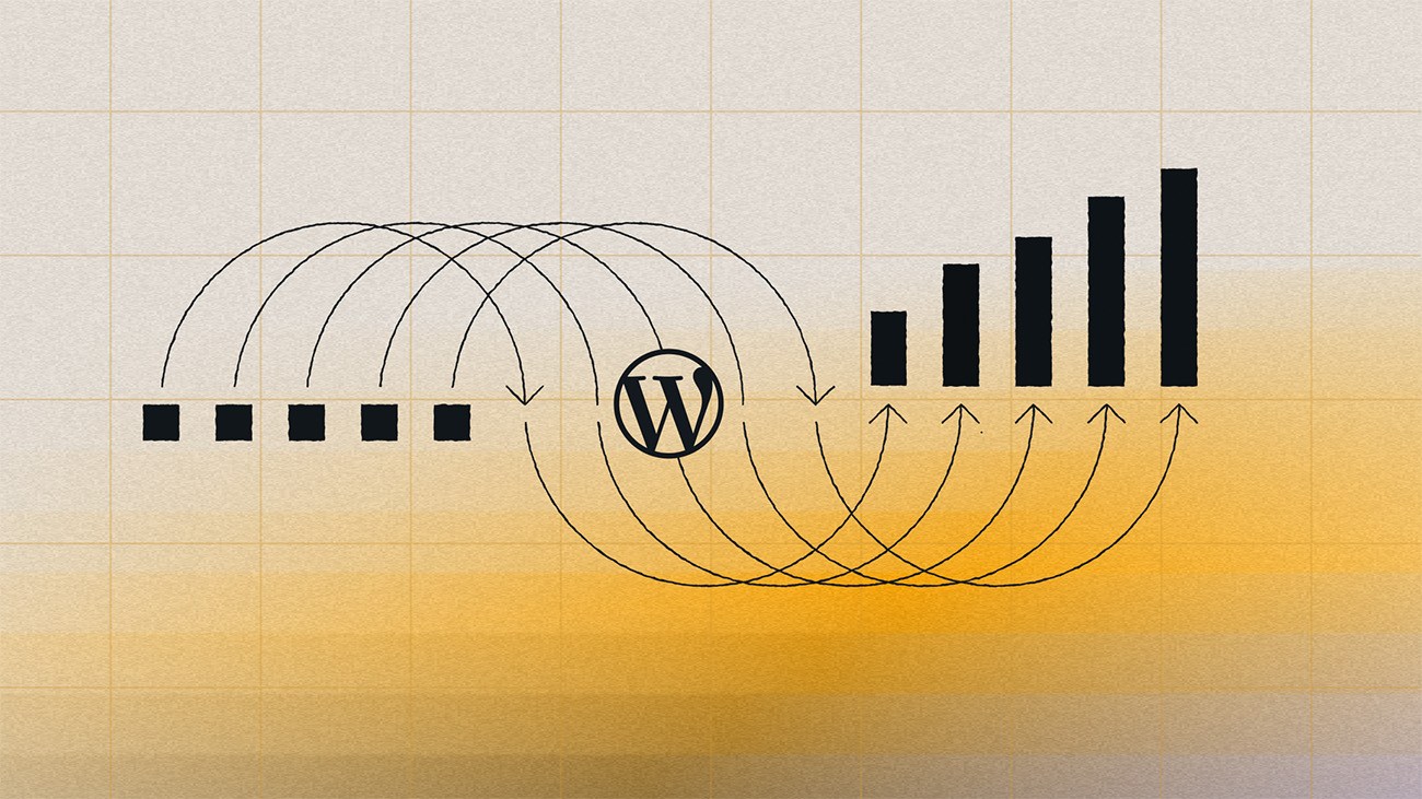 WordPress logo links small squares to a growing bar chart, visually suggesting growth or progress—an ideal representation of consistent WordPress site maintenance ensuring steady improvement.