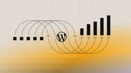 WordPress logo links small squares to a growing bar chart, visually suggesting growth or progress—an ideal representation of consistent WordPress site maintenance ensuring steady improvement.