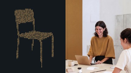 A binary-code illustration of a chair beside two colleagues working together on a laptop, representing inclusive enterprise AI adoption beyond technical teams.