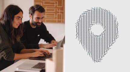 Two people work on laptops, possibly collaborating on the best CMS for localization; beside them is a pattern forming a location pin made of black lines on white.