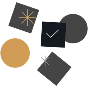 Abstract design with circles, squares, a checkmark, and asterisks in black, gold, and gray on a white background.