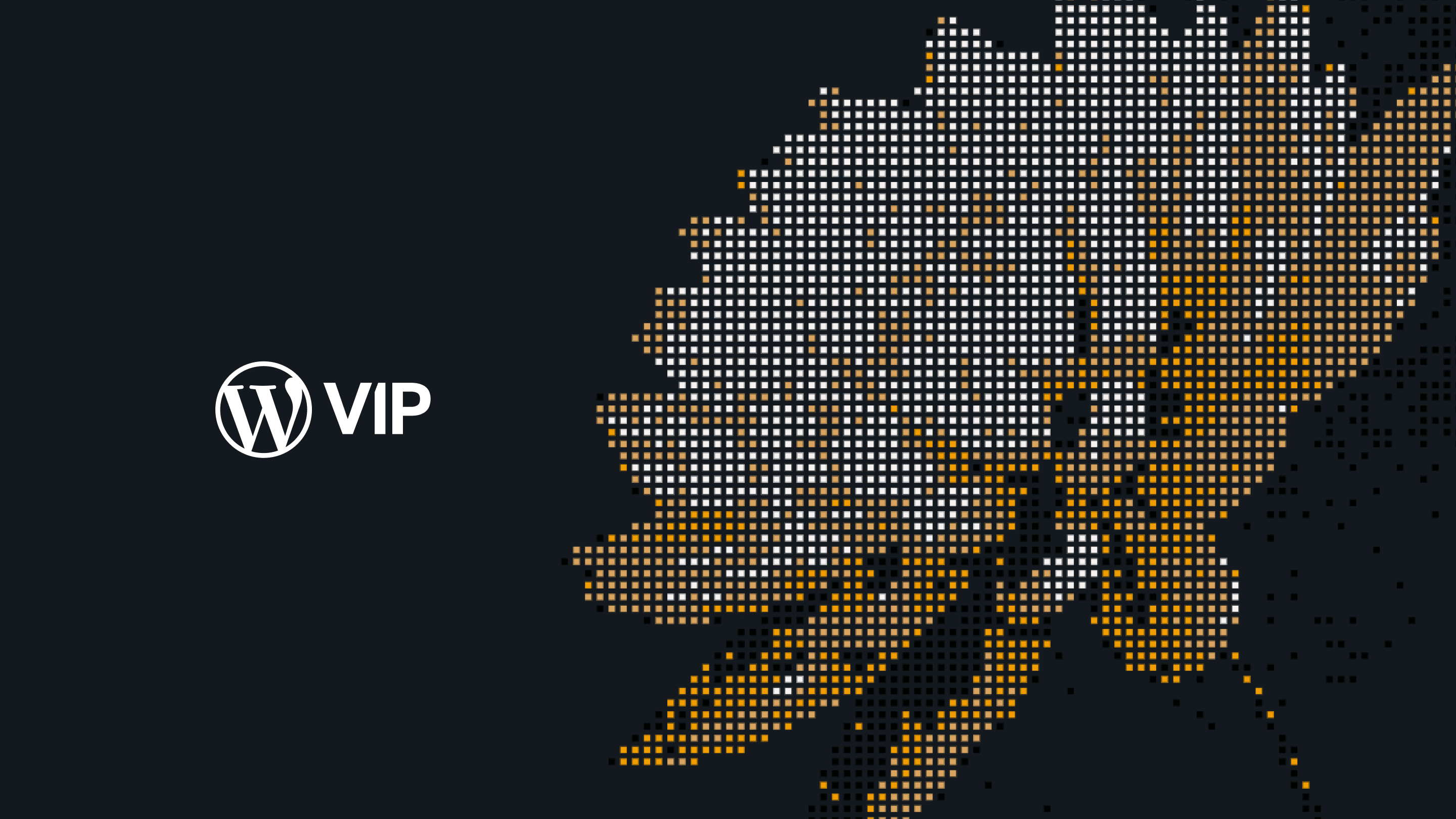 WordPress VIP logo next to flower made of white and gold dots on a dark background, representing the openness and adaptability of WordPress VIP.