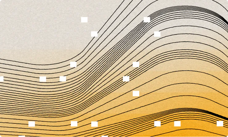 Curved black lines with scattered white squares on a yellow and beige gradient background, evoking the seamless flow of insights powered by AI content analytics like Parse.ly MCP.