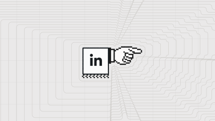 A pixelated LinkedIn icon with a pointing hand, illustrating a LinkedIn content strategy that guides audiences from executive posts toward a company website.
