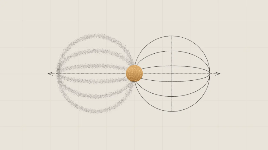 A golden circle at center with black and gray elliptical lines forming symmetrical patterns on both sides, representing the seamless integration and flexibility of a hybrid CMS.