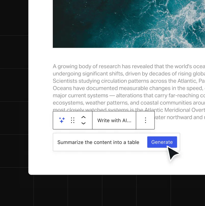 A cursor clicks the Generate button below a text box labeled Summarize the content into a table, seamlessly integrating Jetpack AI to streamline and enhance the summary process.