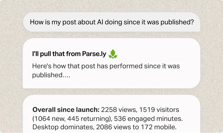 A chat about AI post stats: views, visitors, engagement, desktop vs. mobile, with a leaf emoji—powered by AI content analytics for deeper insights.