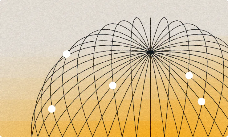 A dome-shaped wireframe with seven white dots on a gradient yellow to gray background, evoking the innovative spirit of AI content analytics.