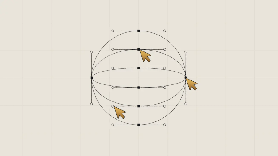 Three orange cursors adjust control points on a wireframe sphere against a light grid background, representing a single stack CMS.