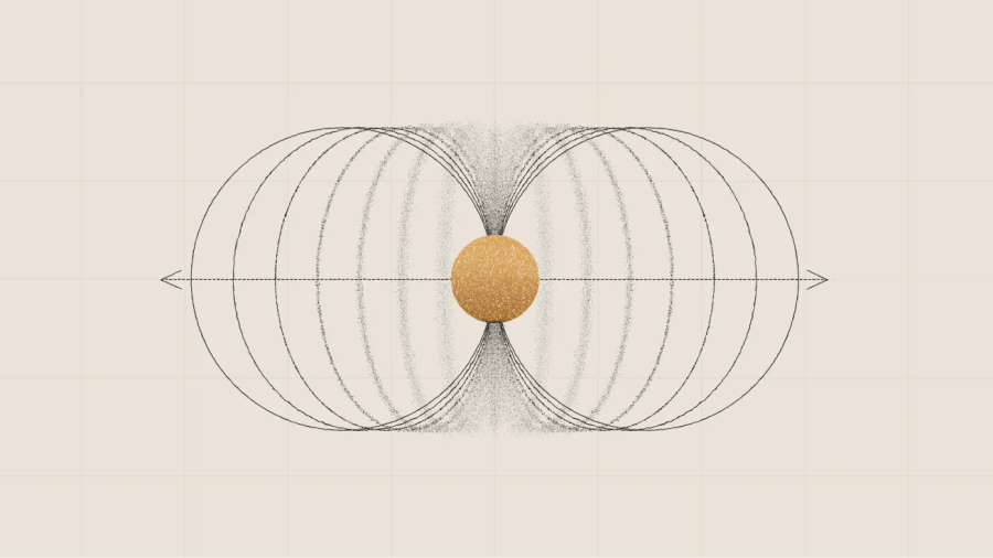 A gold sphere with black curved lines forming symmetrical loops around it on a light grid background symbolizes the seamless connectivity found in switchable CMS architecture.