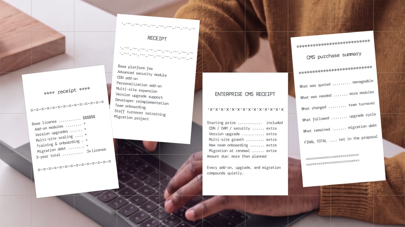 Four receipt-style cards list hidden enterprise CMS expenses over a person using a laptop, illustrating CMS total cost of ownership.