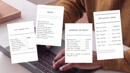Four receipt-style cards list hidden enterprise CMS expenses over a person using a laptop, illustrating CMS total cost of ownership.