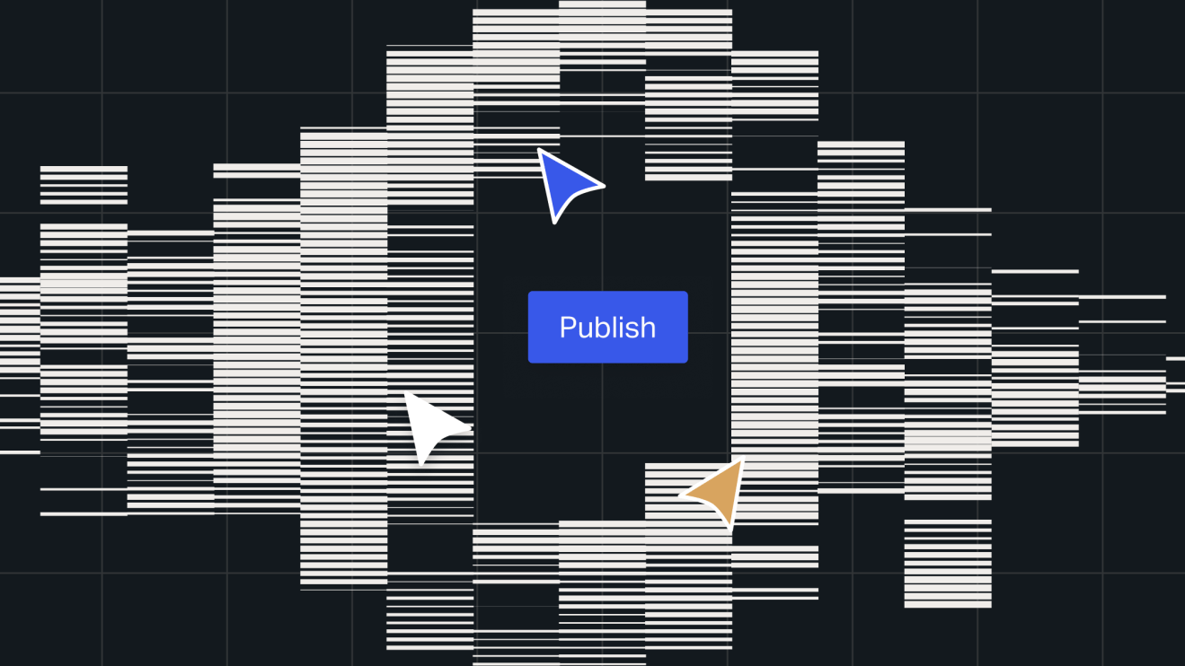 Abstract illustration representing multisite management, with multiple content blocks surrounding a central Publish button and several cursor icons.