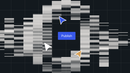 Abstract illustration representing multisite management, with multiple content blocks surrounding a central Publish button and several cursor icons.